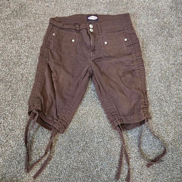 Vintage Y2K 2000s Brown Ling Bermuda Length Tie Capri Style Full Coverage Shorts - Picture 1 of 5